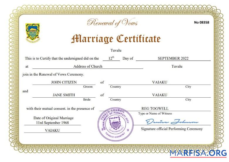Realistic Tuvalu marriage certificate Word and PDF template
